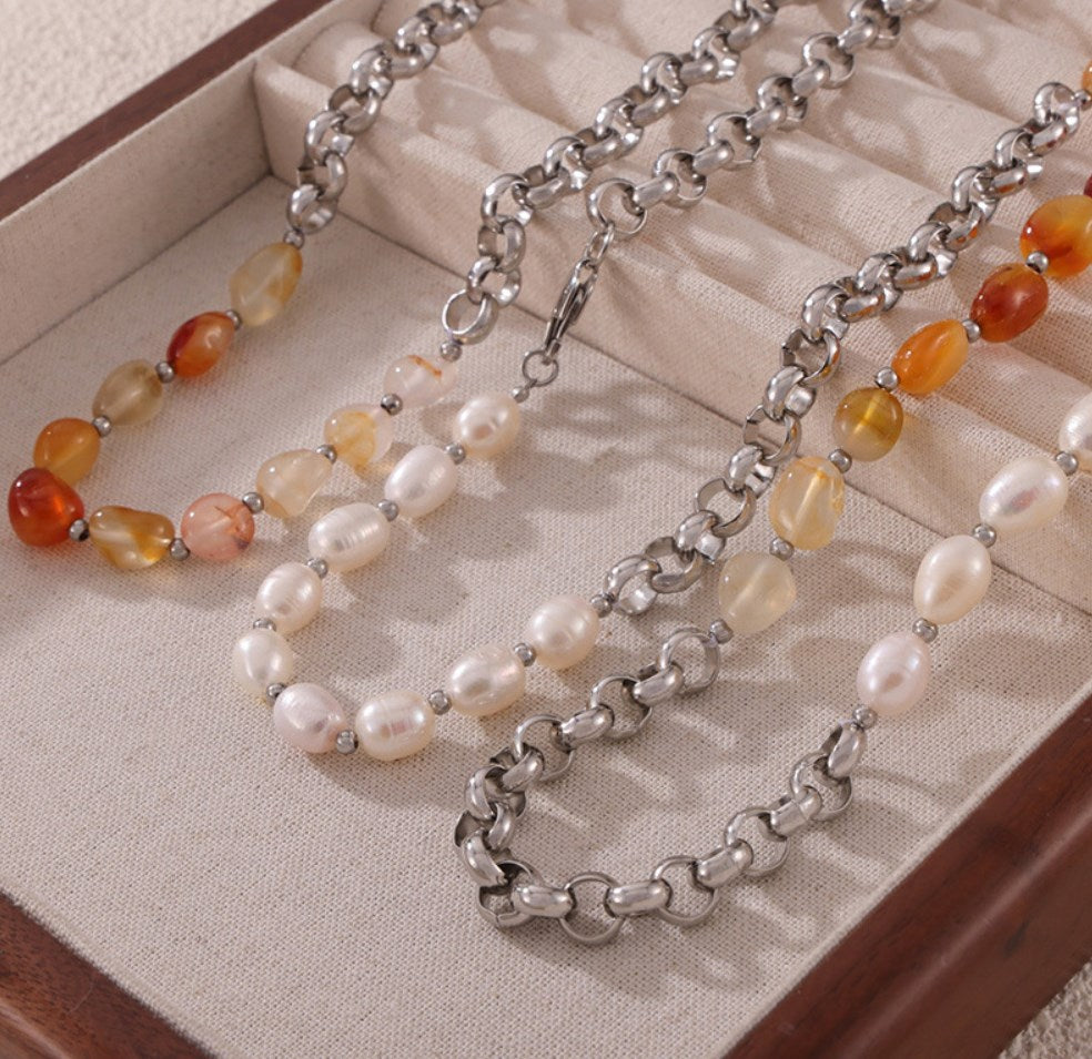 Irregular Red Agate & Freshwater Pearl Natural Stone Beasd Necklace, Titanium Steel Thick Chain Necklace AL971