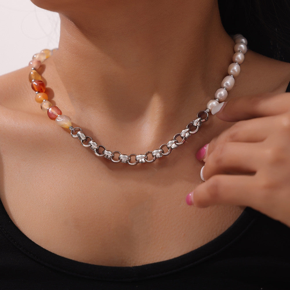 Irregular Red Agate & Freshwater Pearl Natural Stone Beasd Necklace, Titanium Steel Thick Chain Necklace AL971