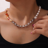 Irregular Red Agate & Freshwater Pearl Natural Stone Beasds Necklace, Titanium Steel Thick Chain Boho Necklace AL971