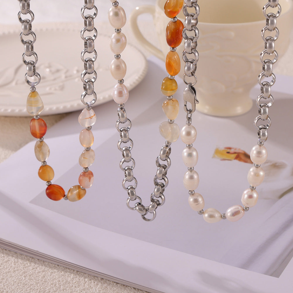 Irregular Red Agate & Freshwater Pearl Natural Stone Beasd Necklace, Titanium Steel Thick Chain Necklace AL971