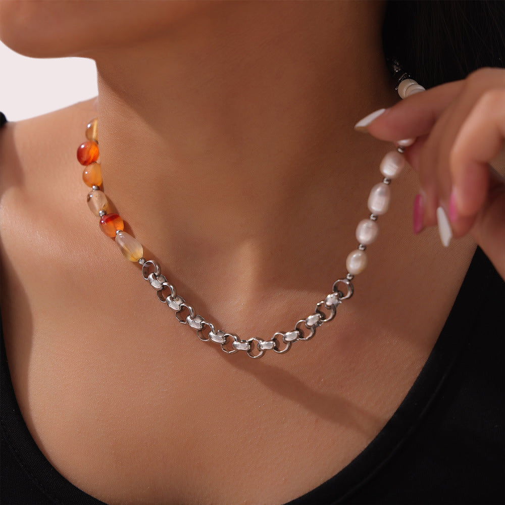 Irregular Red Agate & Freshwater Pearl Natural Stone Beasd Necklace, Titanium Steel Thick Chain Necklace AL971