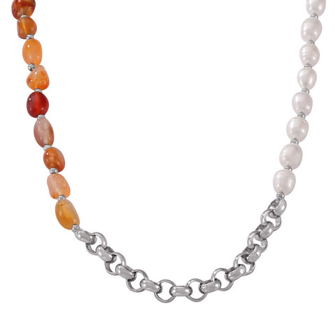 Irregular Red Agate & Freshwater Pearl Natural Stone Beasds Necklace, Titanium Steel Thick Chain Boho Necklace AL971