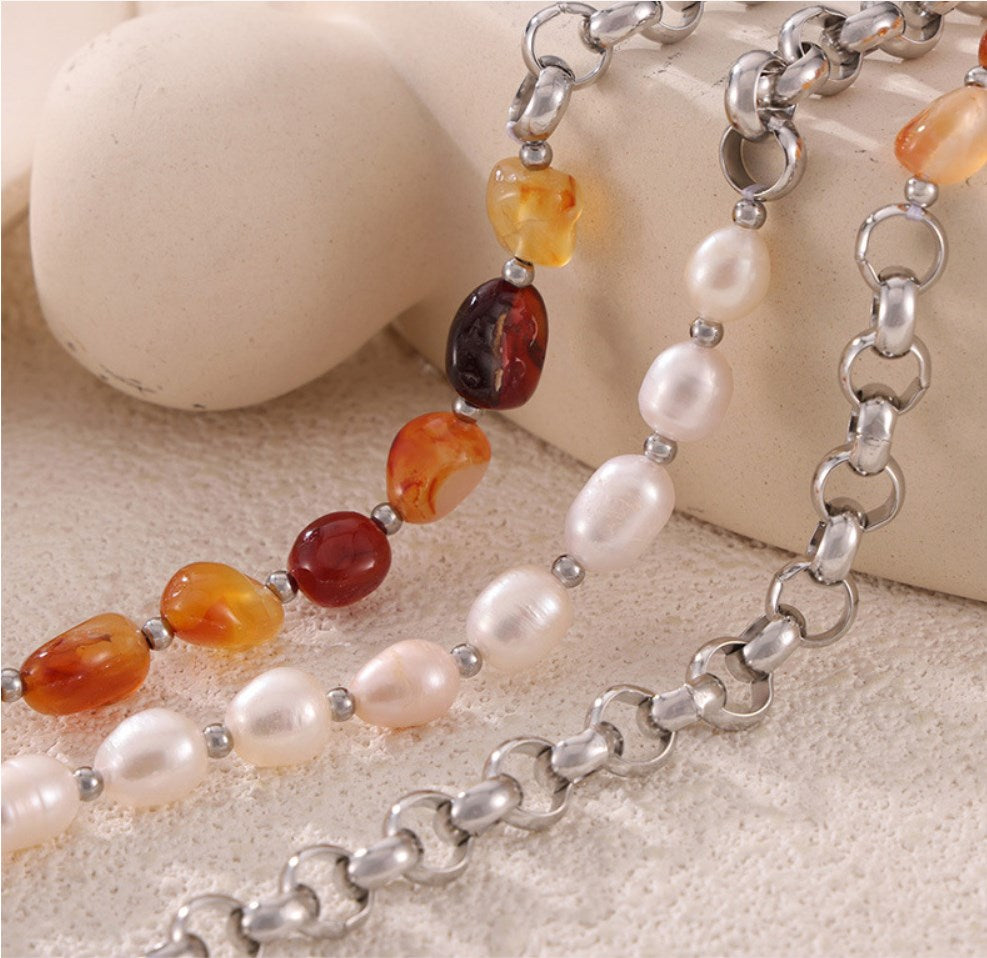 Irregular Red Agate & Freshwater Pearl Natural Stone Beasd Necklace, Titanium Steel Thick Chain Necklace AL971