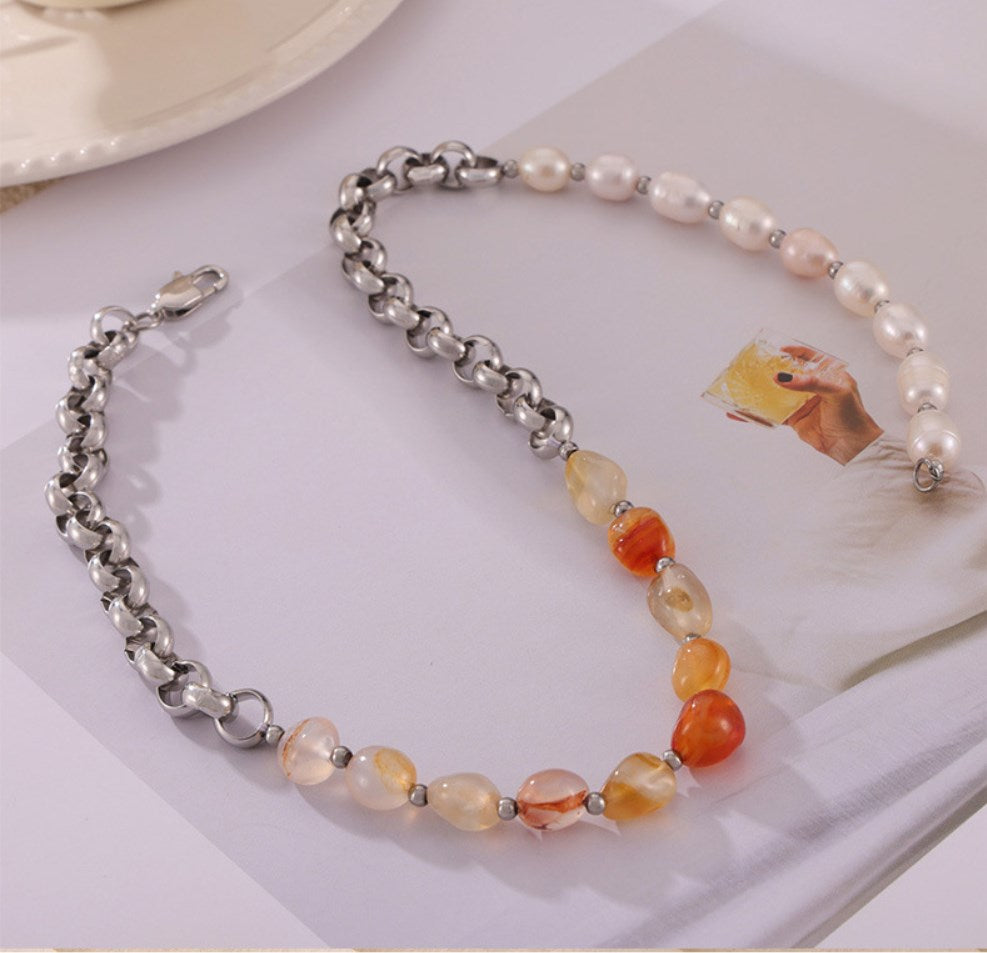 Irregular Red Agate & Freshwater Pearl Natural Stone Beasd Necklace, Titanium Steel Thick Chain Necklace AL971