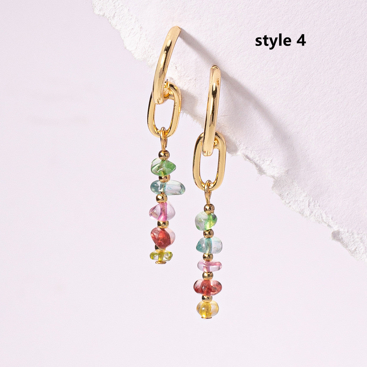 Gold Plated Rainbow Natural Stone Chips Dangle Earrings AL977