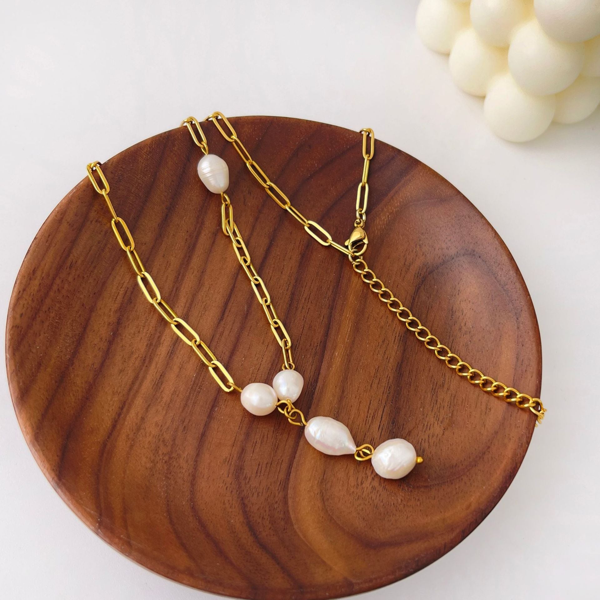 18k Gold Baroque Fresh Water Pearl Tassel Choker Necklace, Titanium Steel Boho Jewelry AL981