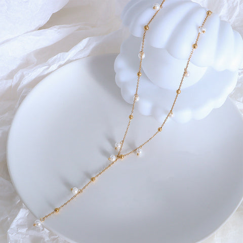 Gold Plated White Pearl Tassel Necklace, Pearl Beads Rosary Chain Lariat Necklace, Y Necklace, Titanium Steel Boho Jewelry AL983