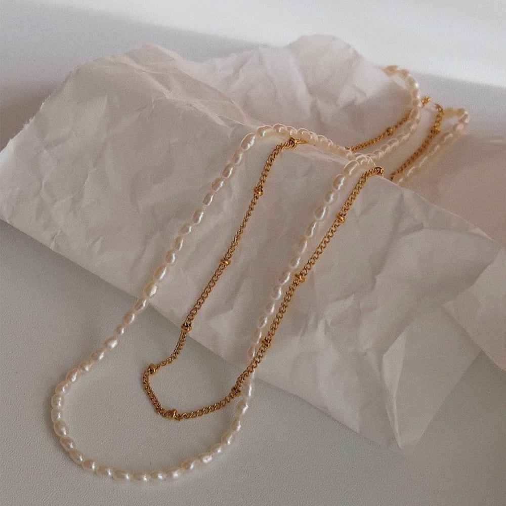 Irregular Natural Pearl Beads Necklace, Double Layer Gold Plated Satellite Chain Necklace AL984