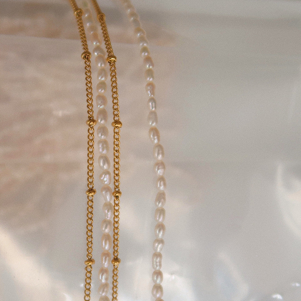 Irregular Natural Pearl Beads Necklace, Double Layer Gold Plated Satellite Chain Necklace AL984