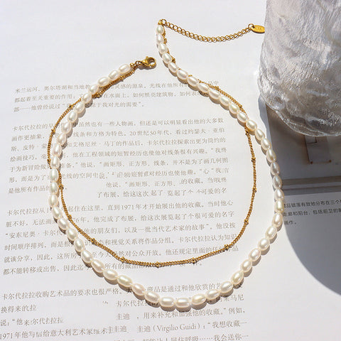 Irregular Natural Pearl Beads Necklace, Double Layer Gold Plated Satellite Chain Necklace AL984