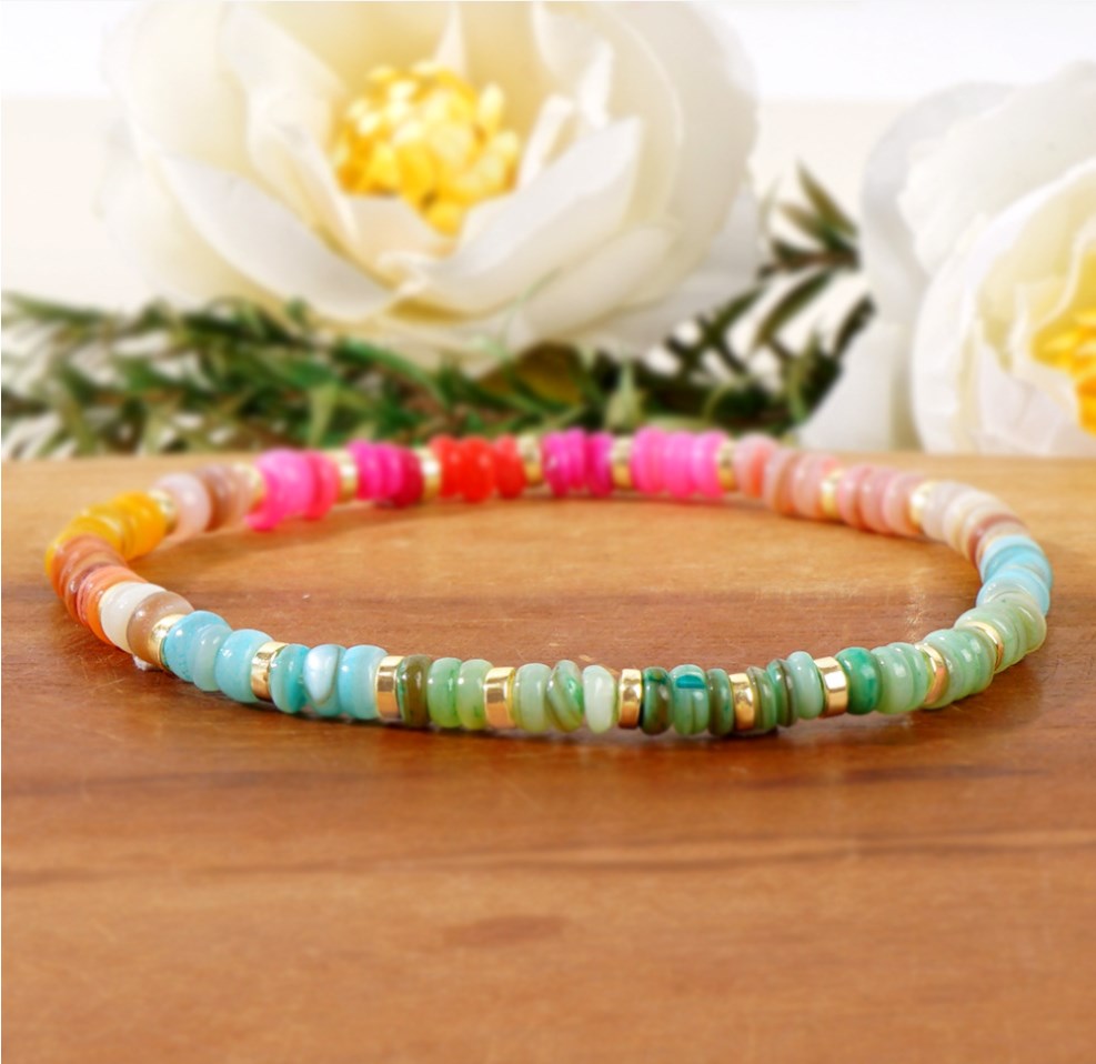 Bohemian Rainbow Shell & Gold Hematite Heishi Beads Bracelet, Handmade Boho Summer Jewelry Bracelet AL985