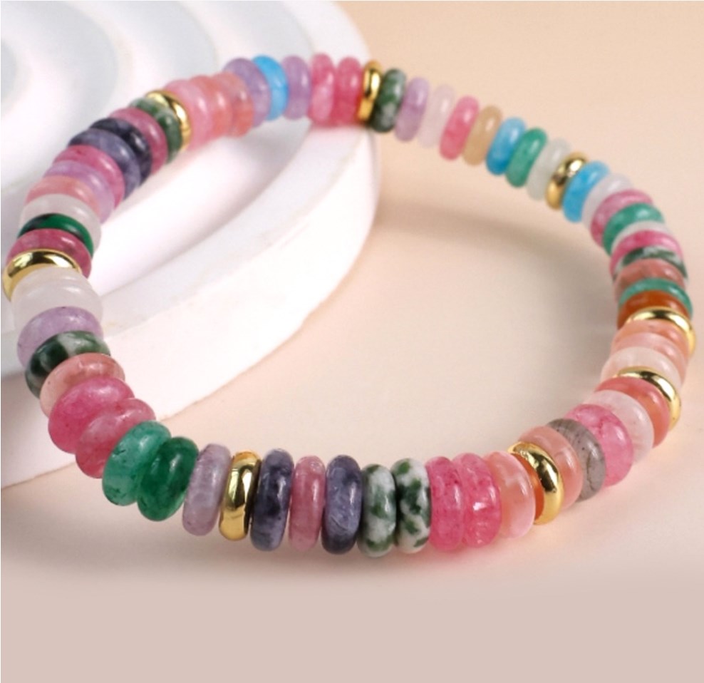 Bohemian Rainbow Natural Stone Roundle Beads Bracelet, Adjustable, Handmade Boho Jewelry AL988