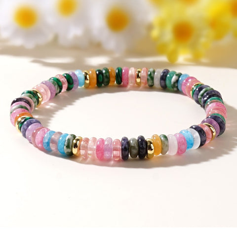 Bohemian Rainbow Natural Stone Roundle Beads Bracelet, Adjustable, Handmade Boho Jewelry AL988