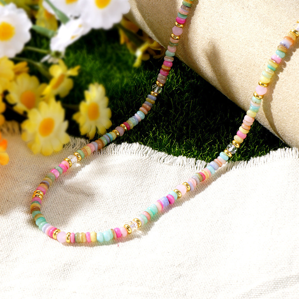 Bohemian Rainbow Natural Stone Roundle Beaded Necklace, Dopamine Beads Necklace, Handmade Boho Jewelry AL989