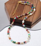 Bohemian Rainbow Natural Stone & Freshwater Pearl Roundle Beads Necklace, Handmade Boho Jewelry AL990