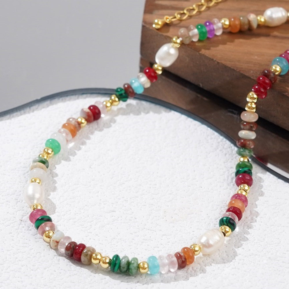 Bohemian Rainbow Natural Stone & Freshwater Pearl Roundle Beads Necklace, Handmade Boho Jewelry AL990