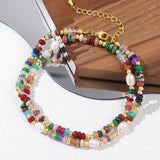 Bohemian Rainbow Natural Stone & Freshwater Pearl Roundle Beads Necklace, Handmade Boho Jewelry AL990