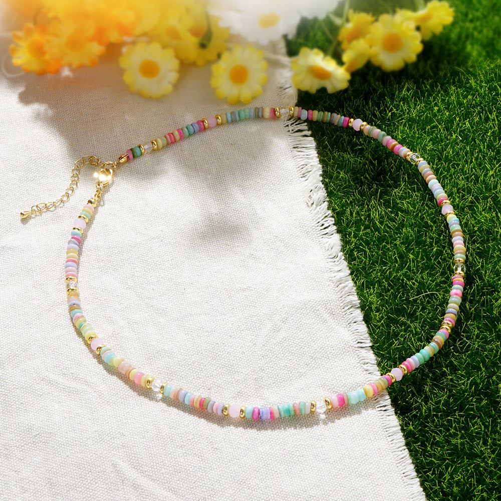 Bohemian Rainbow Natural Stone Roundle Beaded Necklace, Dopamine Beads Necklace, Handmade Boho Jewelry AL989