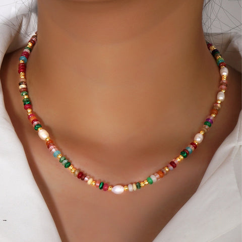 Bohemian Rainbow Natural Stone & Freshwater Pearl Roundle Beads Necklace, Handmade Boho Jewelry AL990