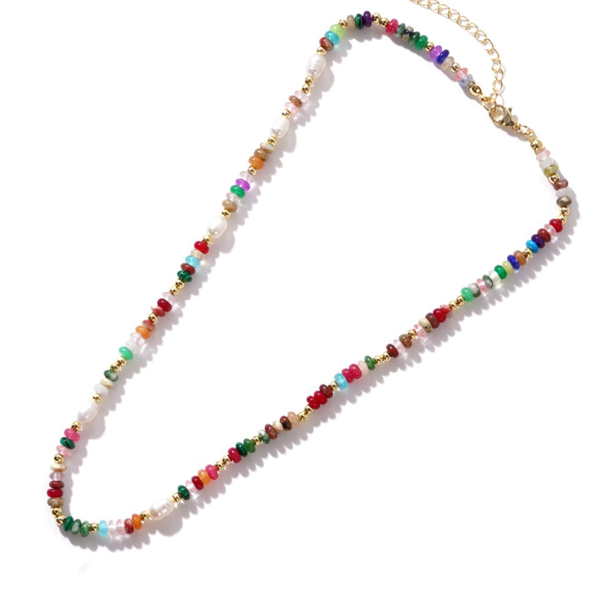 Bohemian Rainbow Natural Stone & Freshwater Pearl Roundle Beads Necklace, Handmade Boho Jewelry AL990