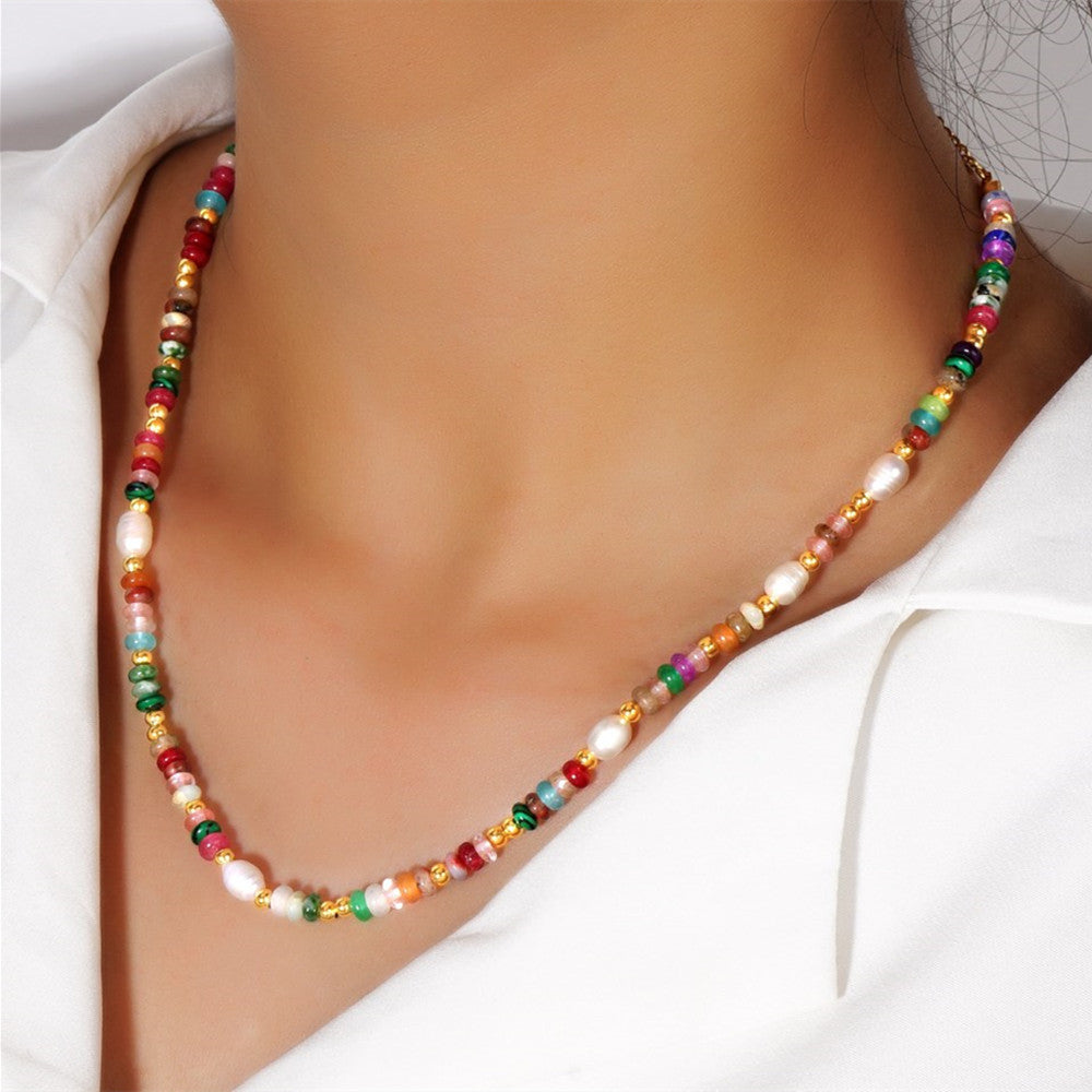 Bohemian Rainbow Natural Stone & Freshwater Pearl Roundle Beads Necklace, Handmade Boho Jewelry AL990