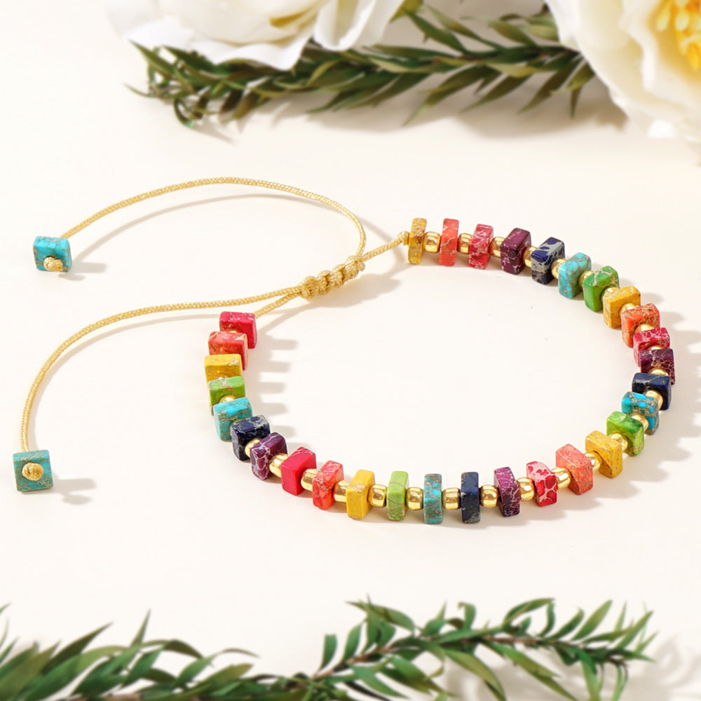 Bohemian Square Rainbow Imperial Stone & Gold Beads Bracelet, Adjustable, Handmade Boho Jewelry AL992