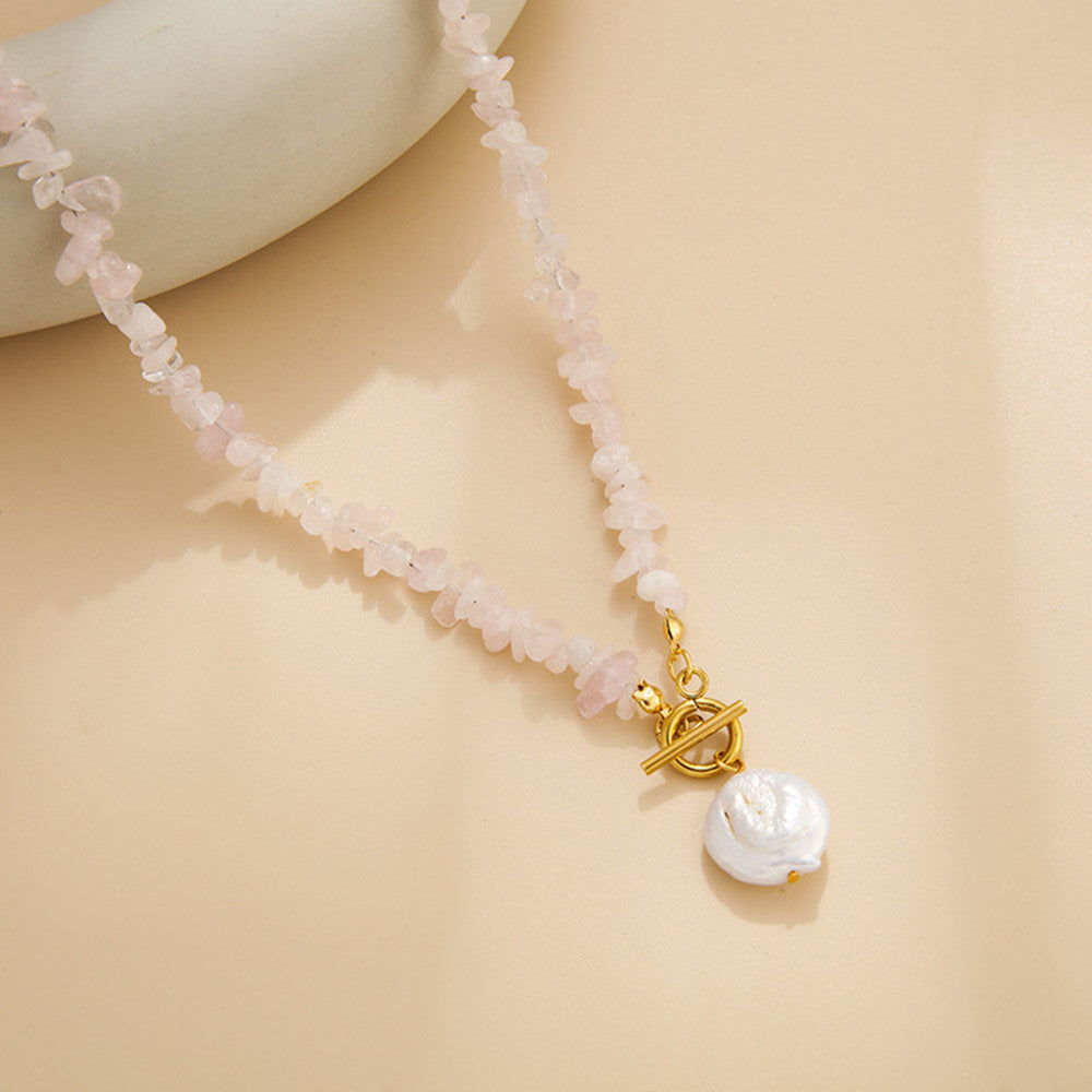 Natural Crystal Stone Chips & Baroque Pearl Coin Beaded Necklace, Handmade Boho Jewelry AL994