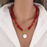 Natural Crystal Stone Chips & Pearl Coin Beaded Necklace, Handmade Boho Jewelry AL994