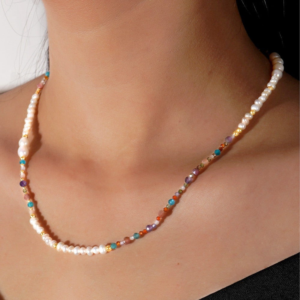 Bohemian Faceted Natural Stones & Freshwater Pearl Beads Necklace, Handmade Boho Summer Jewelry AL997