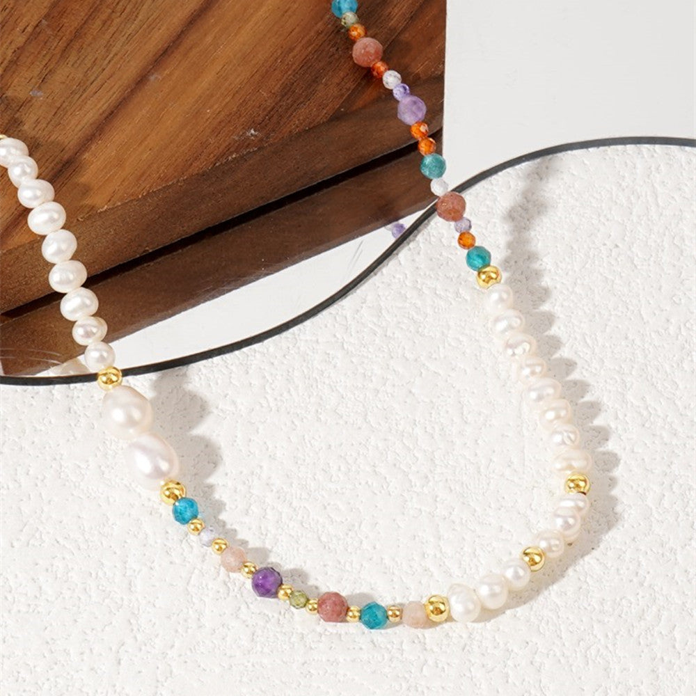 Bohemian Faceted Natural Stones & Freshwater Pearl Beads Necklace, Handmade Boho Summer Jewelry AL997