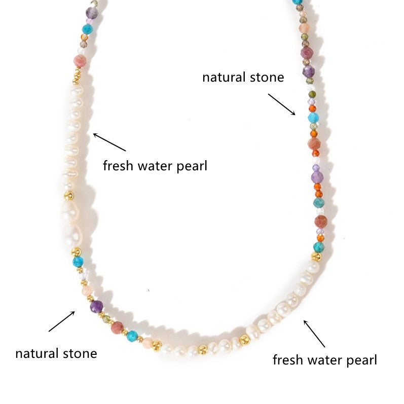 Bohemian Faceted Natural Stones & Freshwater Pearl Beads Necklace, Handmade Boho Summer Jewelry AL997