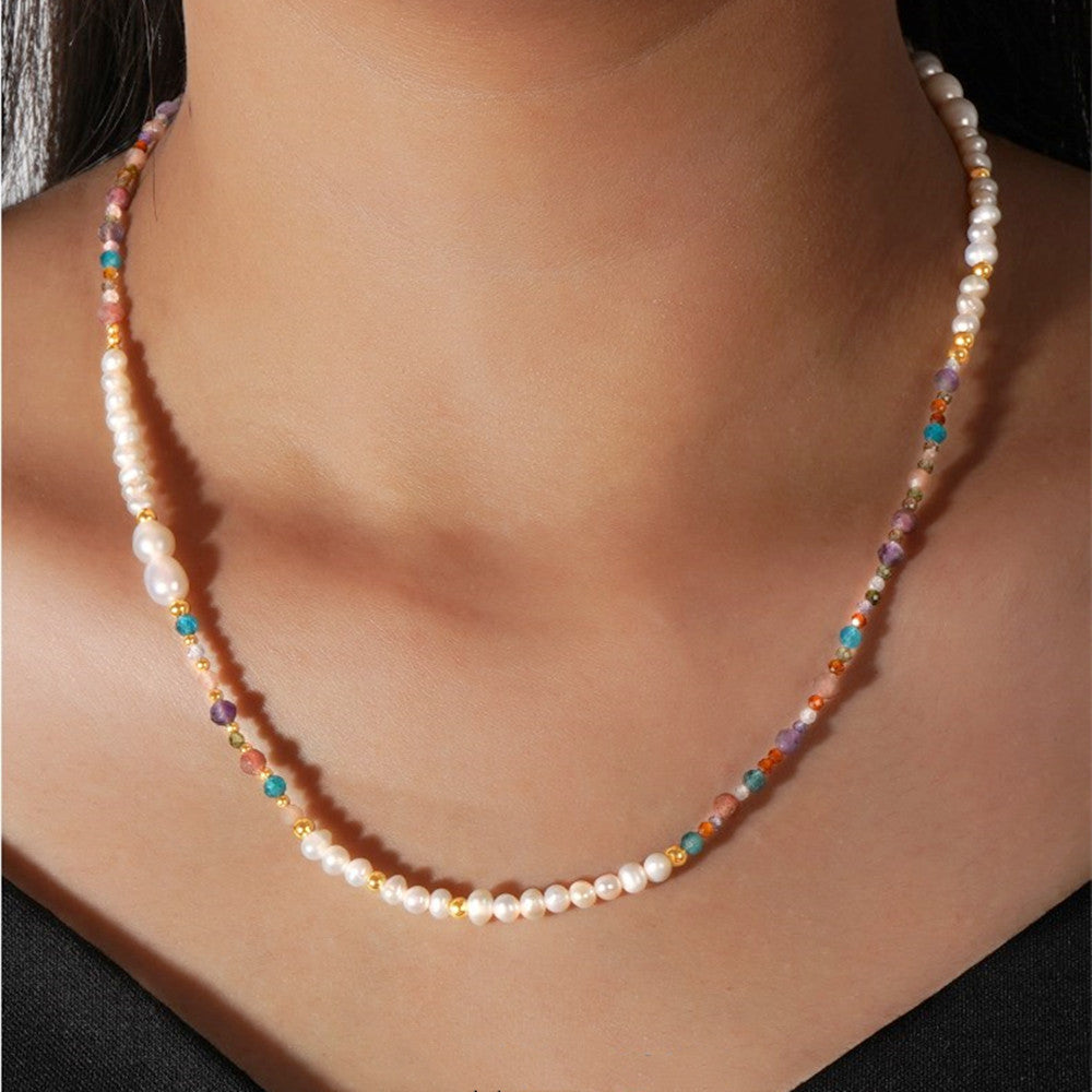 Bohemian Faceted Natural Stones & Freshwater Pearl Beads Necklace, Handmade Boho Summer Jewelry AL997