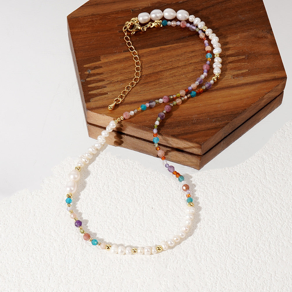 Bohemian Faceted Natural Stones & Freshwater Pearl Beads Necklace, Handmade Boho Summer Jewelry AL997