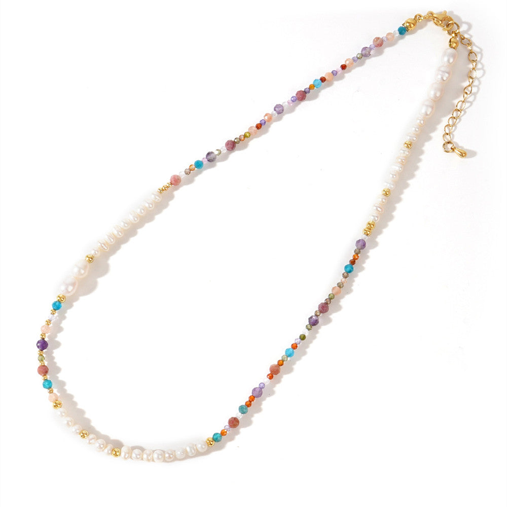 Bohemian Faceted Natural Stones & Freshwater Pearl Beads Necklace, Handmade Boho Summer Jewelry AL997