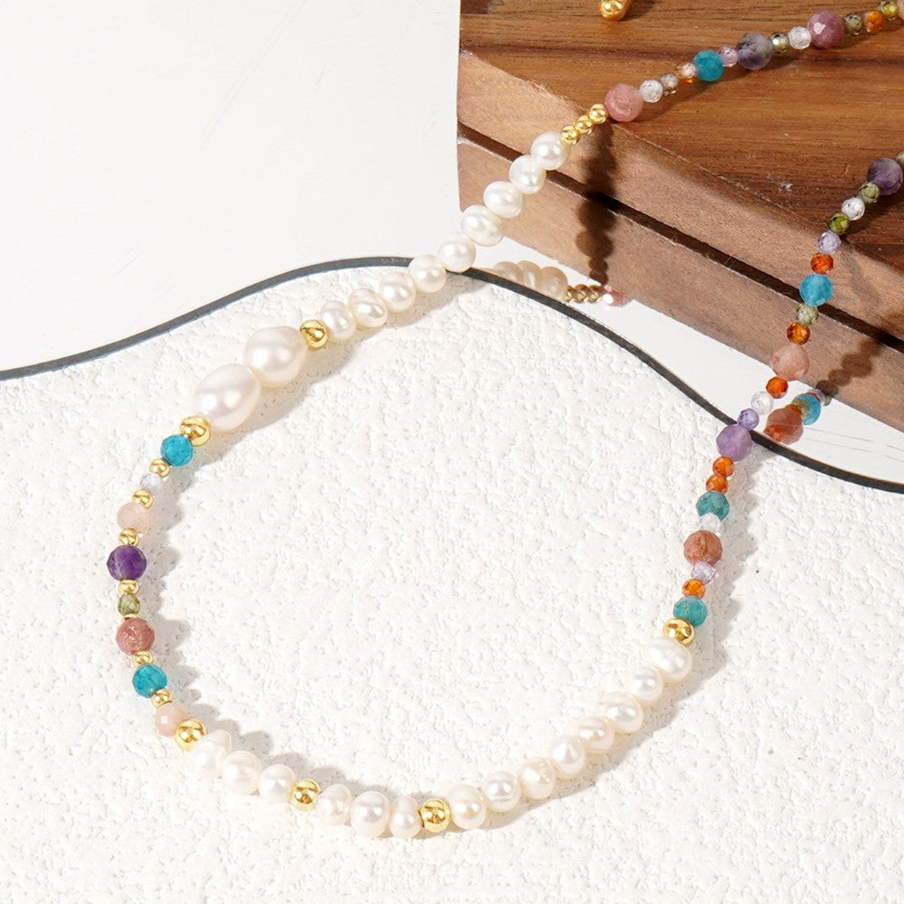 Bohemian Faceted Natural Stones & Freshwater Pearl Beads Necklace, Handmade Boho Summer Jewelry AL997