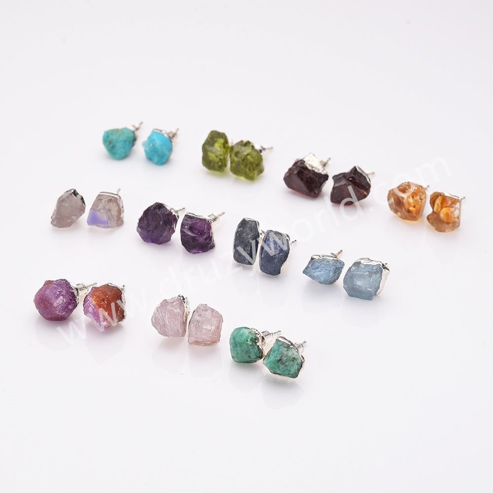 Silver Birthstone Earrings Raw Gemstone Earrings, 925 Silver Post, Healing Crystal Jewelry Earring BT025