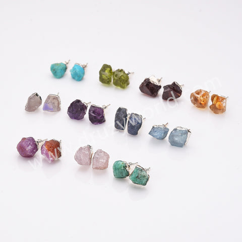 Silver Plated Natural Stone Chips Stud Earrings, 925 Silver Post, Raw Healing Crystal Gemstone Jewelry Studs BT025