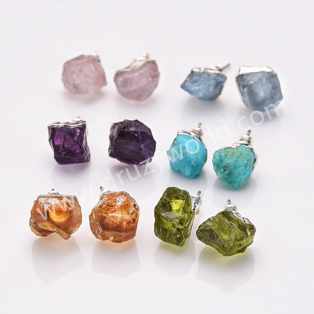 Silver Birthstone Earrings Raw Gemstone Earrings, 925 Silver Post, Healing Crystal Jewelry Earring BT025