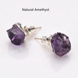 Silver Plated Natural Stone Chips Stud Earrings, 925 Silver Post, Raw Healing Crystal Gemstone Jewelry Studs BT025