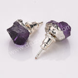 Silver Plated Natural Stone Chips Stud Earrings, 925 Silver Post, Raw Healing Crystal Gemstone Jewelry Studs BT025