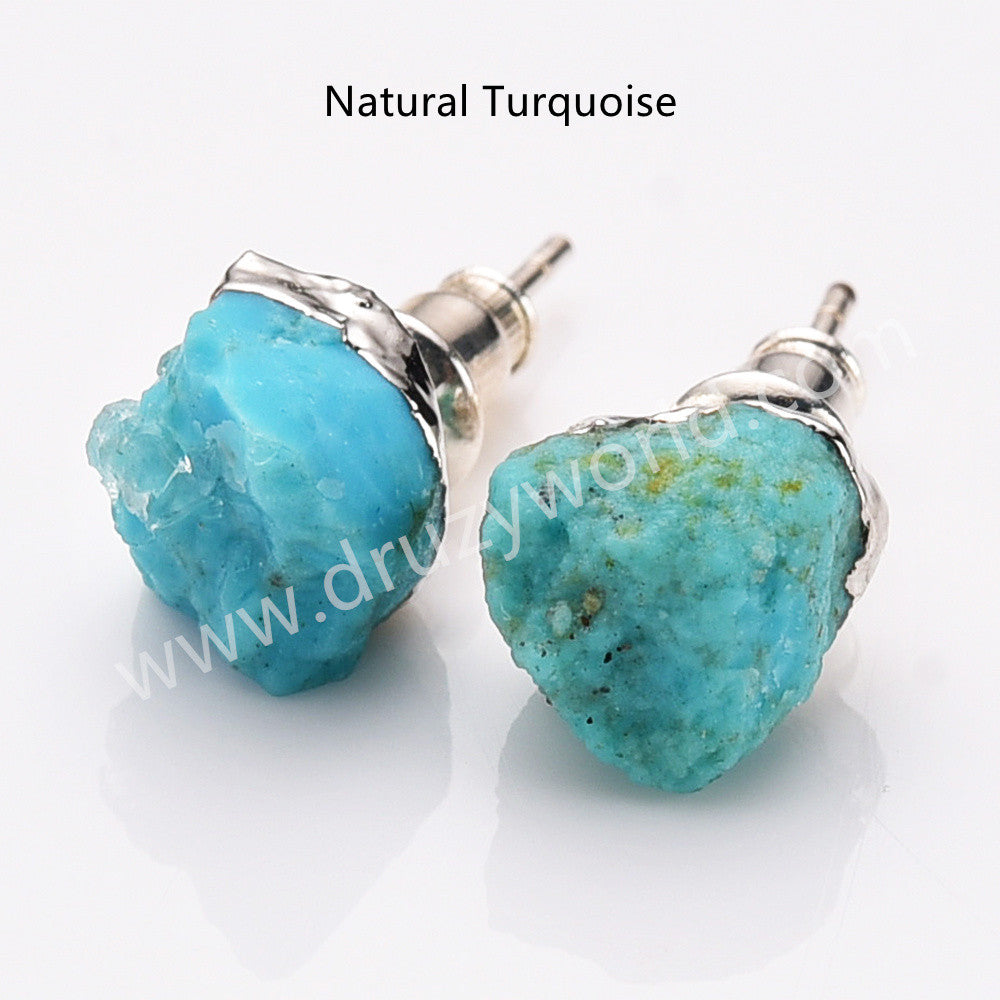 Turquoise Studs, Silver Birthstone Earrings Raw Gemstone Earrings, 925 Silver Post, Healing Crystal Jewelry Earring BT025