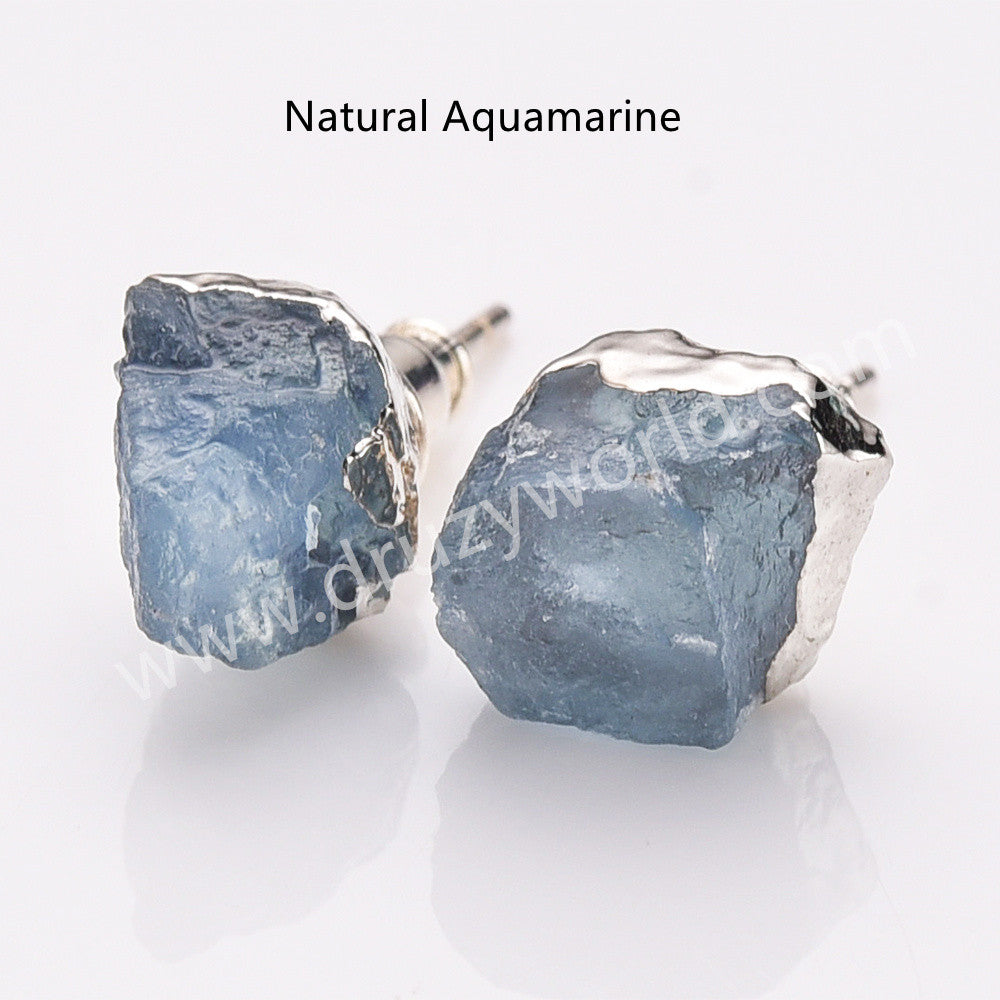 Aquamarine Studs, Silver Birthstone Earrings Raw Gemstone Earrings, 925 Silver Post, Healing Crystal Jewelry Earring BT025
