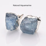 Silver Plated Natural Stone Chips Stud Earrings, 925 Silver Post, Raw Healing Crystal Gemstone Jewelry Studs BT025