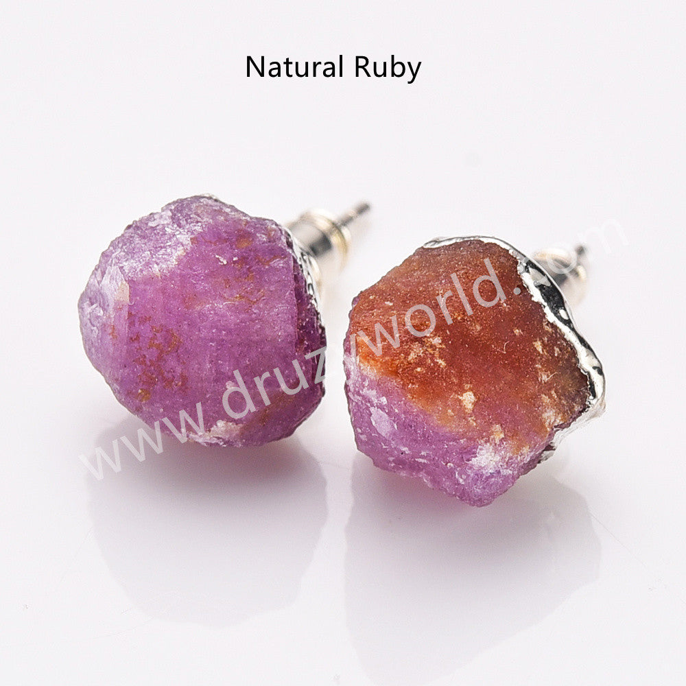 Ruby Studs, Silver Birthstone Earrings Raw Gemstone Earrings, 925 Silver Post, Healing Crystal Jewelry Earring BT025