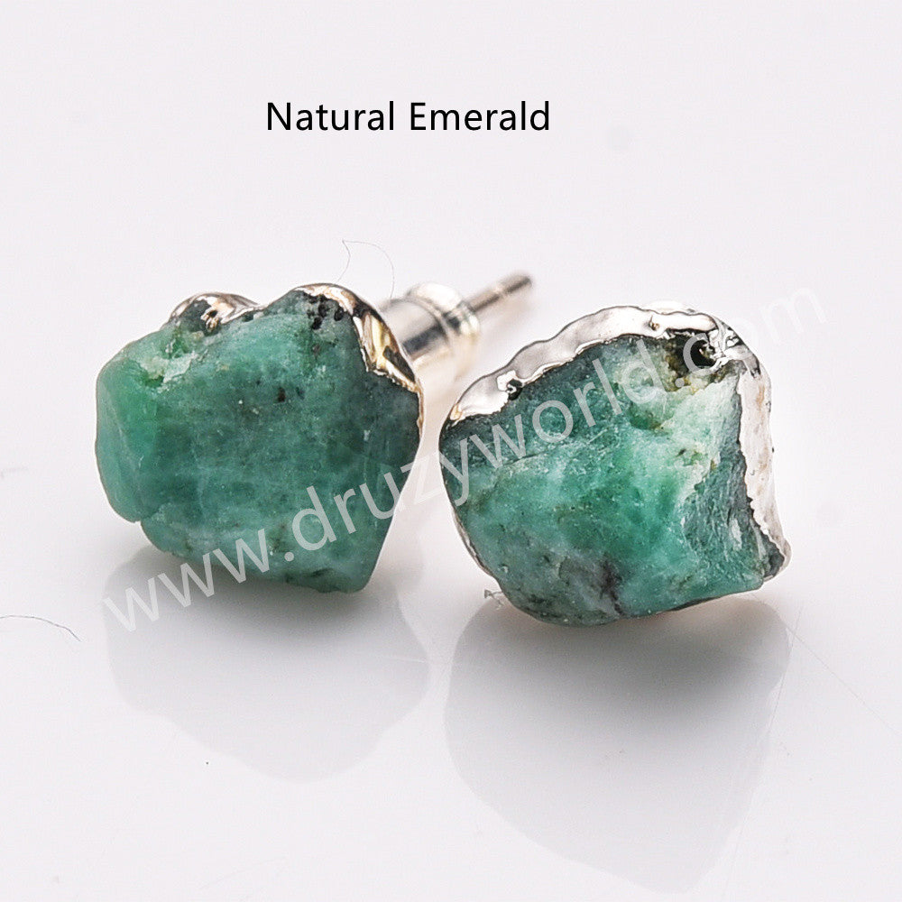 Emerald Studs, Silver Birthstone Earrings Raw Gemstone Earrings, 925 Silver Post, Healing Crystal Jewelry Earring BT025