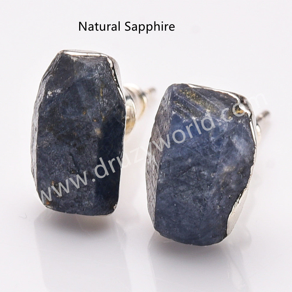 Sapphire Studs, Silver Birthstone Earrings Raw Gemstone Earrings, 925 Silver Post, Healing Crystal Jewelry Earring BT025