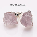 Silver Plated Natural Stone Chips Stud Earrings, 925 Silver Post, Raw Healing Crystal Gemstone Jewelry Studs BT025