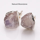 Silver Plated Natural Stone Chips Stud Earrings, 925 Silver Post, Raw Healing Crystal Gemstone Jewelry Studs BT025