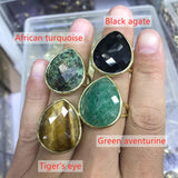 Gold Plated Big Teardrop Rainbow Gemstone Faceted Adjustable Ring WX2262