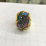 Egg Shape Gold Plated Claw Rainbow Titanium Druzy Faceted Ring ZG0312